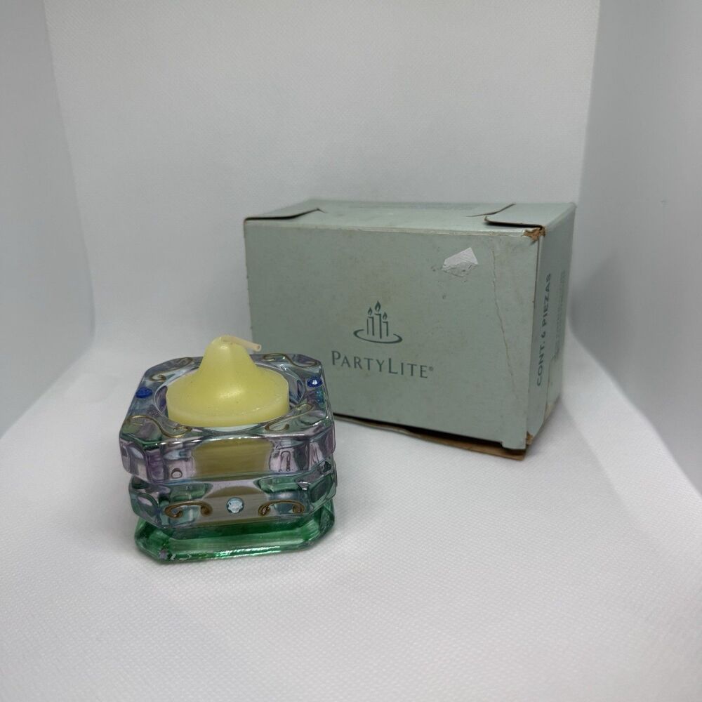 PARTYLITE KIWI STRAWBERRY Votive Candles, BOX OF 6 & Mardi Gras Jeweled Holder